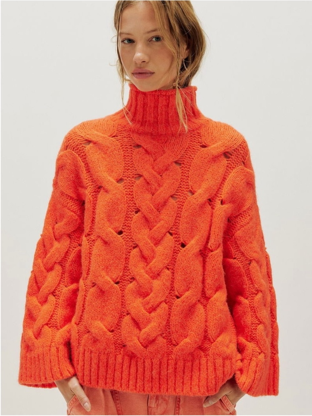 Free People Clementine SoftSpun Cable Knit Pullover – Orange Tango – MSRP $298